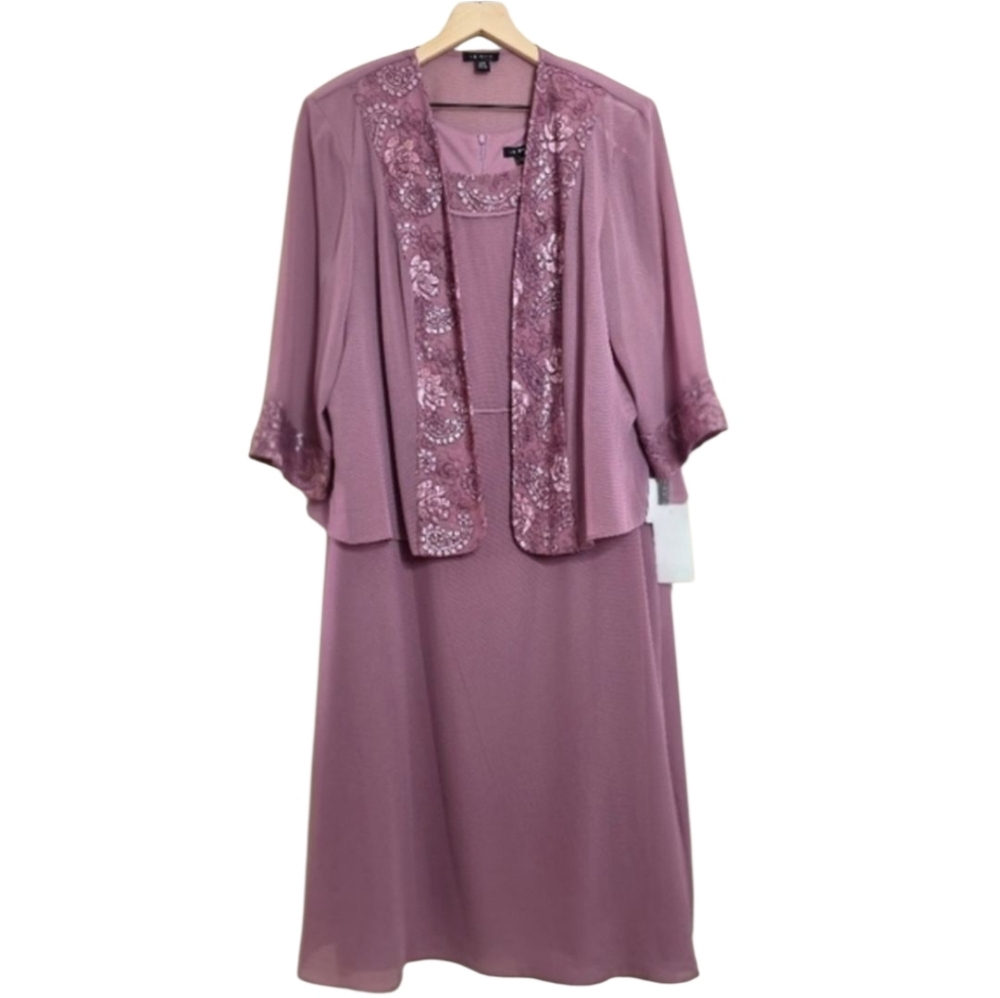 NWT Le Bos Dress A-Line Matching Beaded Jacket Cover Tea Rose Plus Size 24W